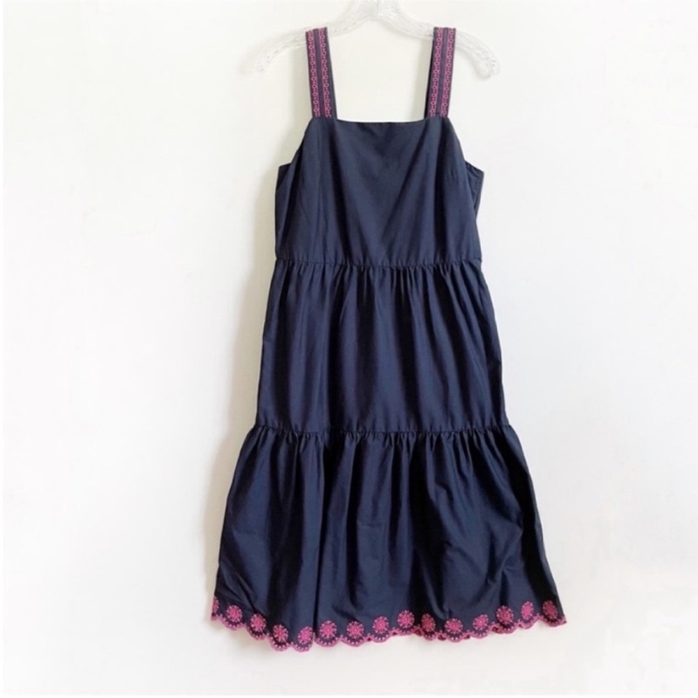 J. Crew Factory midi dress navy blue pink scalloped tiered embroidery - Picture 2 of 10